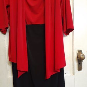 Red and black one-piece dress.